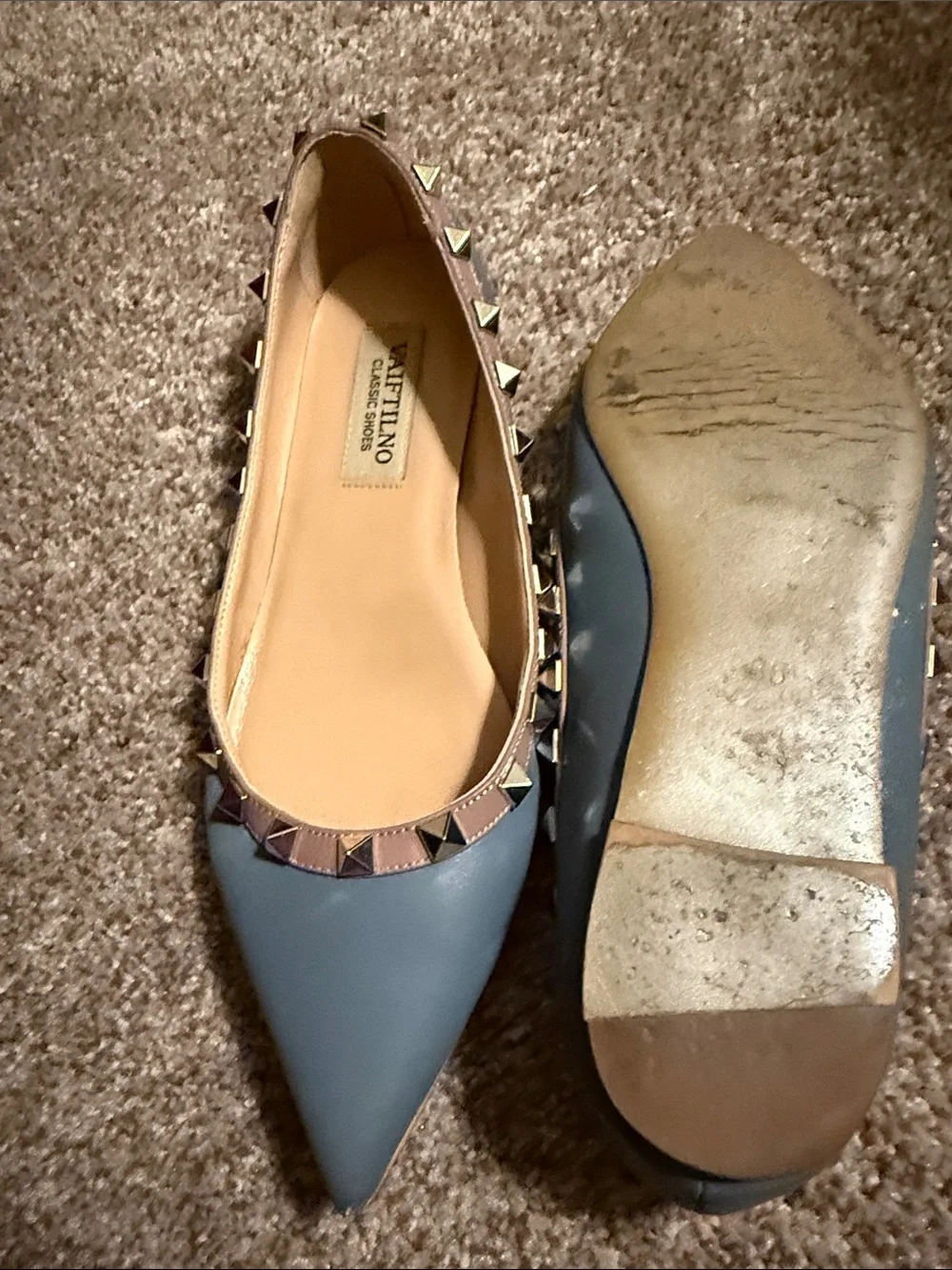 Valentino Garavani Blue Leather Rockstud Pointed Ballet Flats